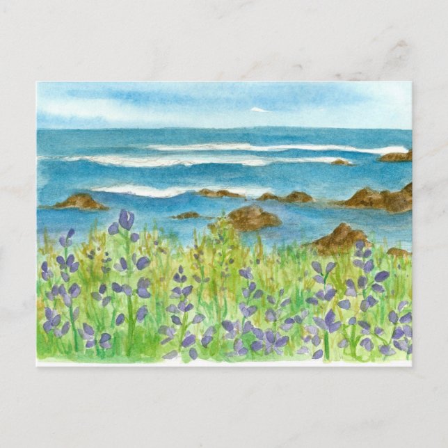 Purple Lupines Watercolor Wildflowers Ocean Waves Postcard (Front)