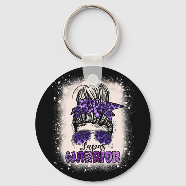 Purple Lupus Awareness Leopard Messy Bun Lupus Key Ring (Front)