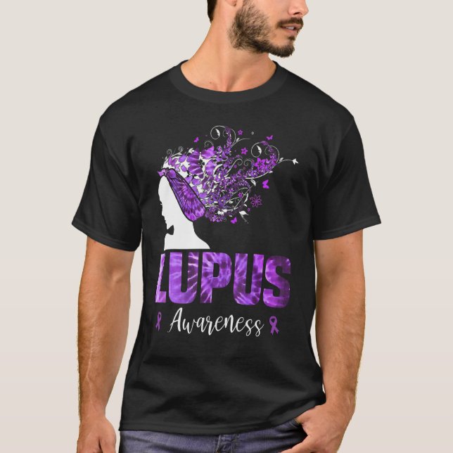 Purple Lupus Awareness Woman Tie Dye Butterflies T-Shirt (Front)