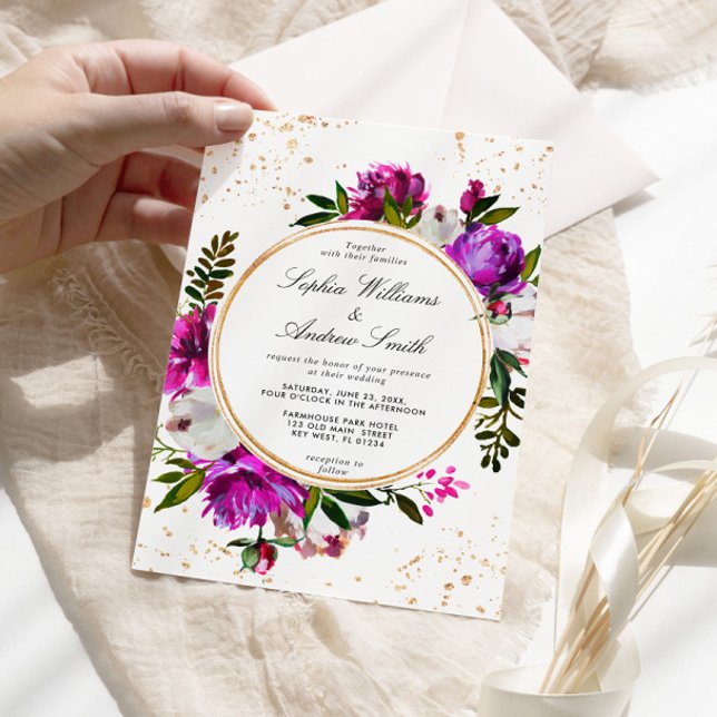 Purple Lush Flowers Wreath Wedding Invitation (Creator Uploaded)