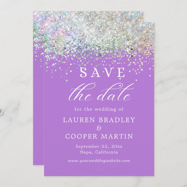 Purple Luxury Glitter Wedding Save The Date (Front/Back)