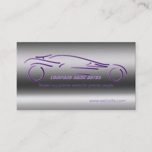 Purple Luxury Sportscar, steel-effect, auto sales Business Card (Front)