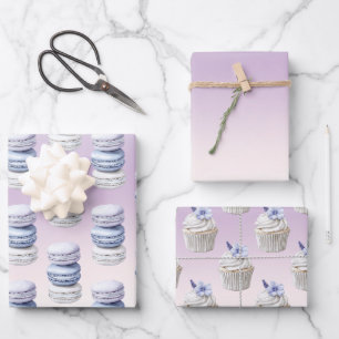 Purple Macaroons Floral Cupcakes Birthday Wrapping Paper Sheet