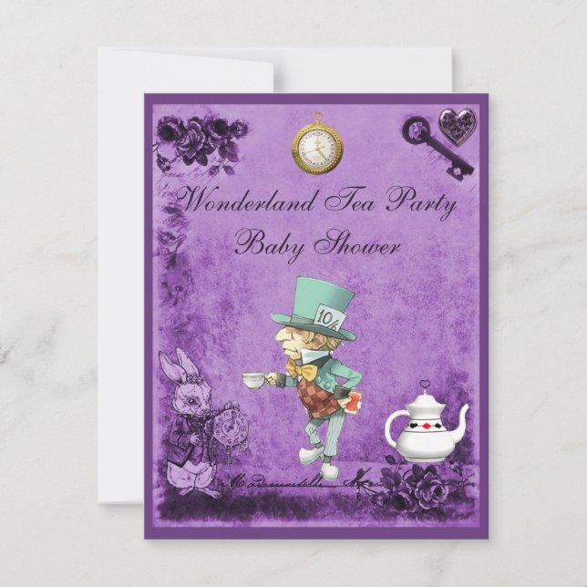 Purple Mad Hatter Wonderland Tea Party Baby Shower Invitation (Front)