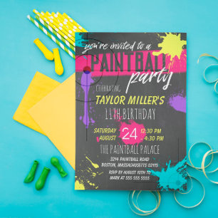 Purple & Magenta Paint Splash Paintball Party Invitation