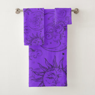Purple Magic Vintage Celestial Sun Moon Stars Bath Towel Set