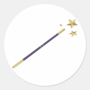 Purple magic wand with three golden stars  classic round sticker