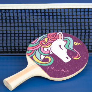 Purple Magical Unicorn Gold Glitter Personalised Ping Pong Paddle