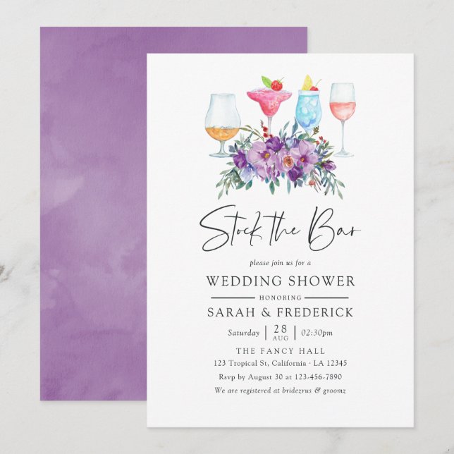 Purple Magnolia and Roses Stock the Bar Invitation (Front/Back)