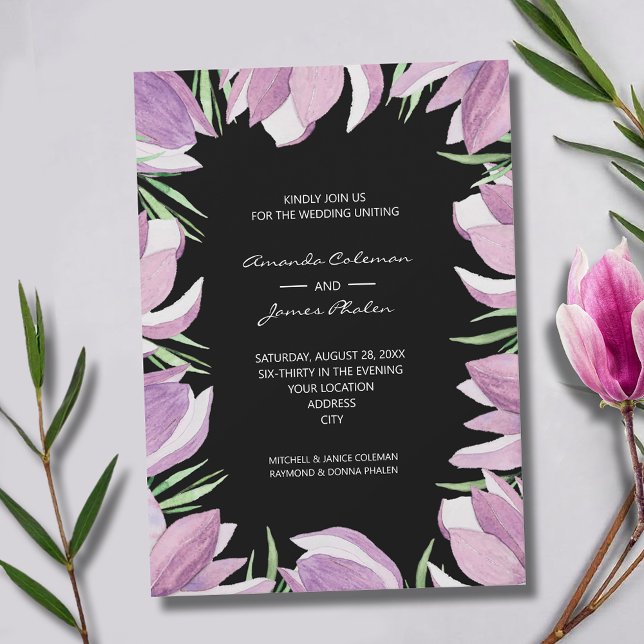 Purple Magnolia Floral Watercolor Wedding Invitation (Elegant purple and white magnolias wedding invitations - INSTANT DOWNLOAD and/or PRINTED)