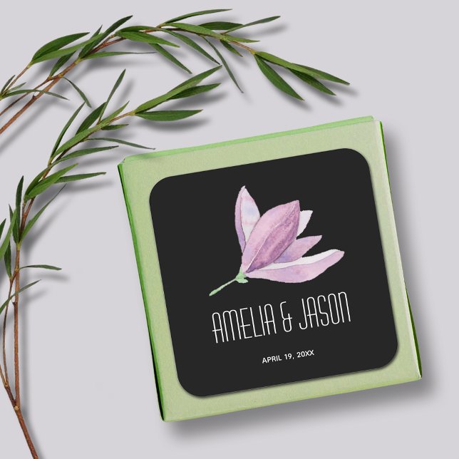 Purple Magnolia Floral Wedding Favour on Black Square Sticker (Magnolia Floral Wedding Favor Black Square Stickers)