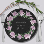 Purple Magnolia Floral Wreath Watercolor Paper Plate<br><div class="desc">Purple watercolor magnolia blossoms wreath on a black background,  these botanical paper plates are beautiful for wedding receptions,  showers,  engagement parties,  rehearsal dinners and more. 2 sizes available. MATCHING wedding suite in our store --> http://bit.ly/2IaVbAd <--</div>