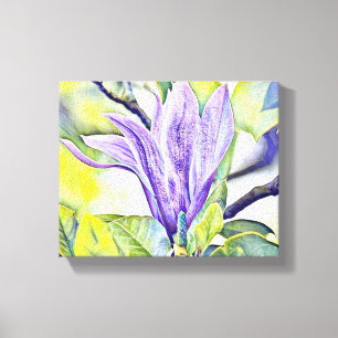Purple magnolia flower watercolor green backgound  canvas print