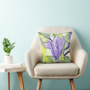 Purple magnolia flower watercolor green backgound cushion