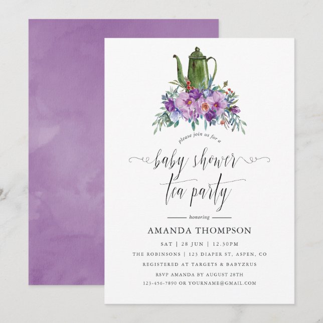 Purple Magnolias and Roses Baby Shower Tea Party Invitation (Front/Back)