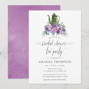 Purple Magnolias and Roses Bridal Shower Tea Party Invitation