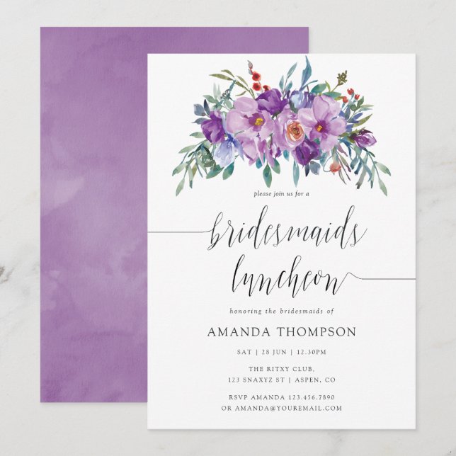 Purple Magnolias and Roses Bridesmaids Luncheon Invitation (Front/Back)