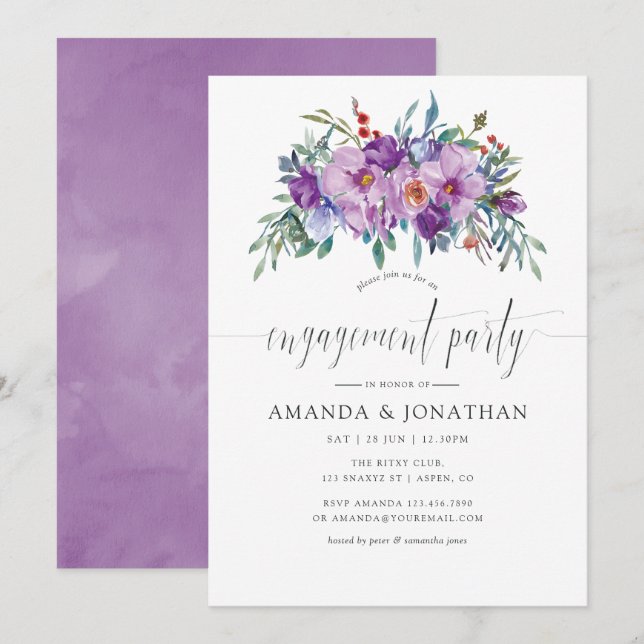 Purple Magnolias and Roses Engagement Party Invitation (Front/Back)