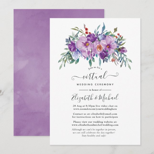 Purple Magnolias and Roses Online Virtual Wedding Invitation (Front/Back)