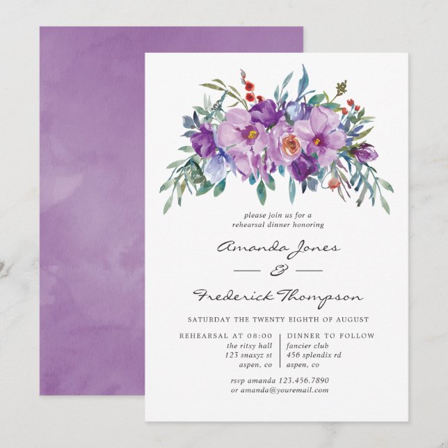 Purple Magnolias and Roses Rehearsal Dinner Invitation (Front/Back)