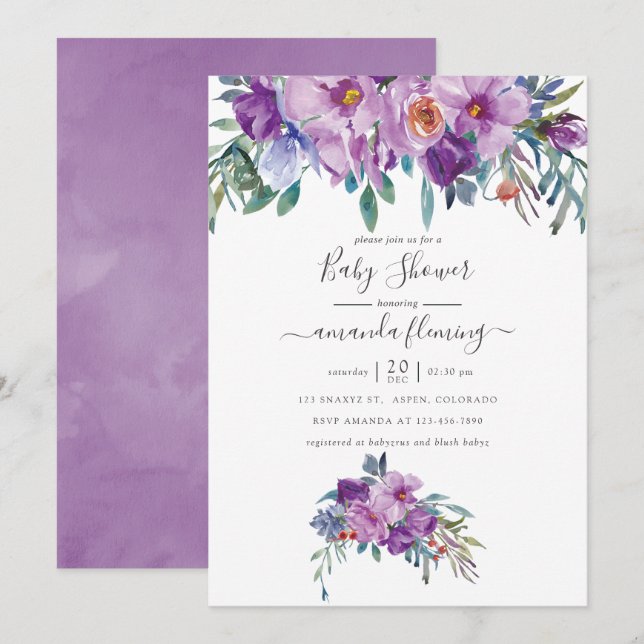 Purple Magnolias and Roses Watercolor Baby Shower Invitation (Front/Back)