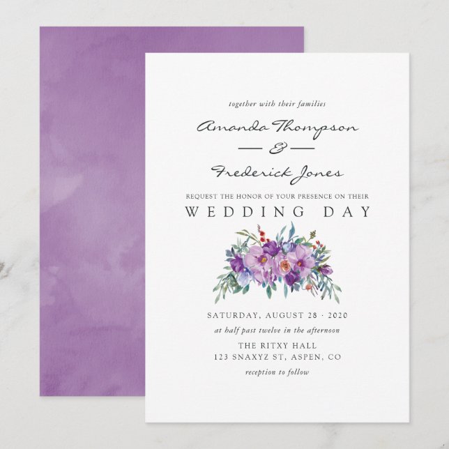 Purple Magnolias and Roses watercolor Wedding Invitation (Front/Back)