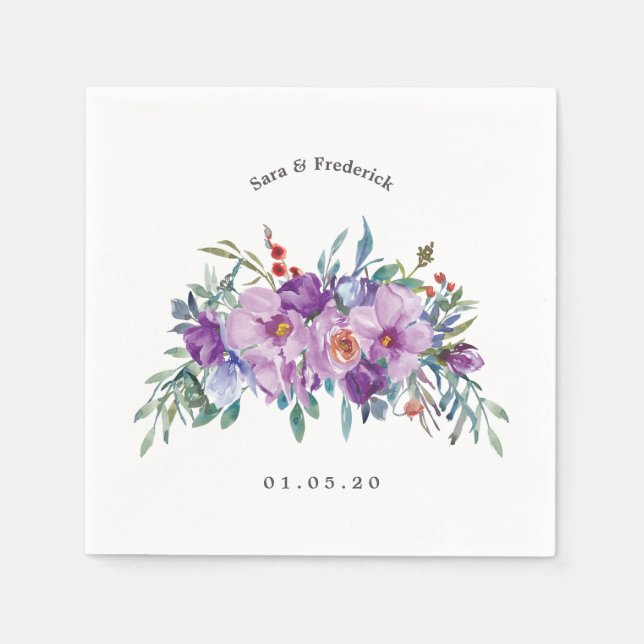 Purple Magnolias and Roses Wedding Napkin (Front)