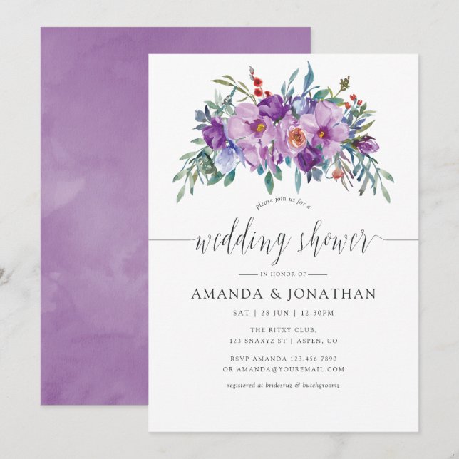Purple Magnolias and Roses Wedding Shower Invitation (Front/Back)