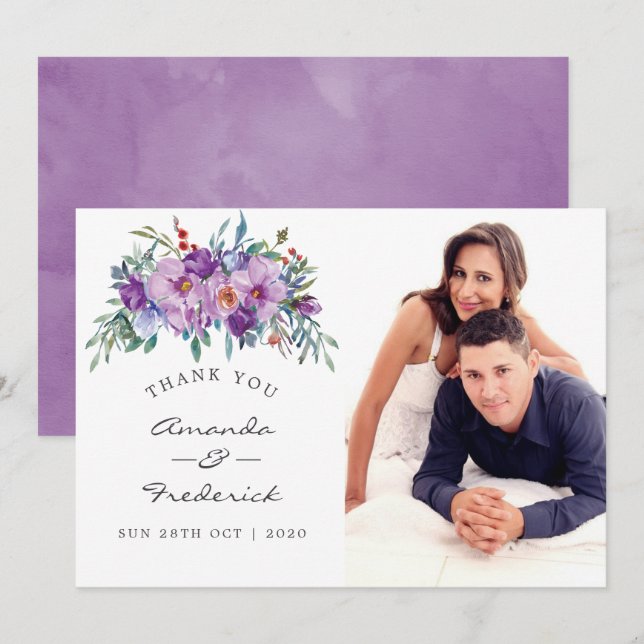 Purple Magnolias and Roses Wedding Thank You photo Invitation (Front/Back)