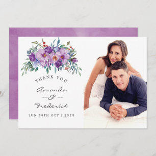 Purple Magnolias and Roses Wedding Thank You photo Invitation