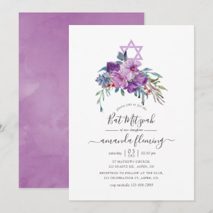 Purple Magnolias & Roses Watercolor Bat Mitzvah Invitation