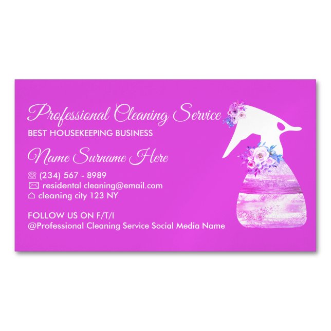 Purple Maid Spray Flower Cleaning Magnetic Business Card (Front)