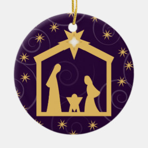 Purple Majesty Christmas Nativity Scene Ceramic Tree Decoration