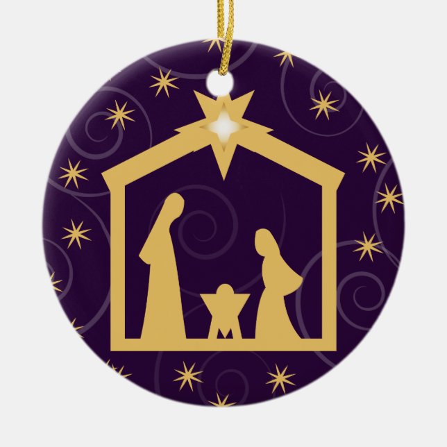 Purple Majesty Christmas Nativity Scene Ceramic Tree Decoration (Front)