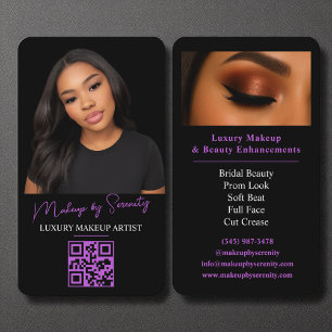 Purple Makeup Artist QR Code Luxury Black Beauty Business Card
