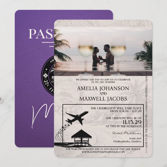 Purple Maldives Passport Wedding Invitation (Front/Back)