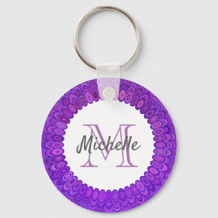 Purple Mandala Bird Feathers Monogram Key Ring