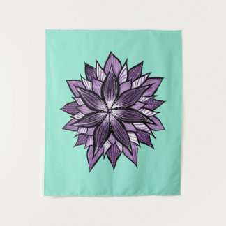 Purple Mandala Like Ink Drawn Abstract Flower Tapestry