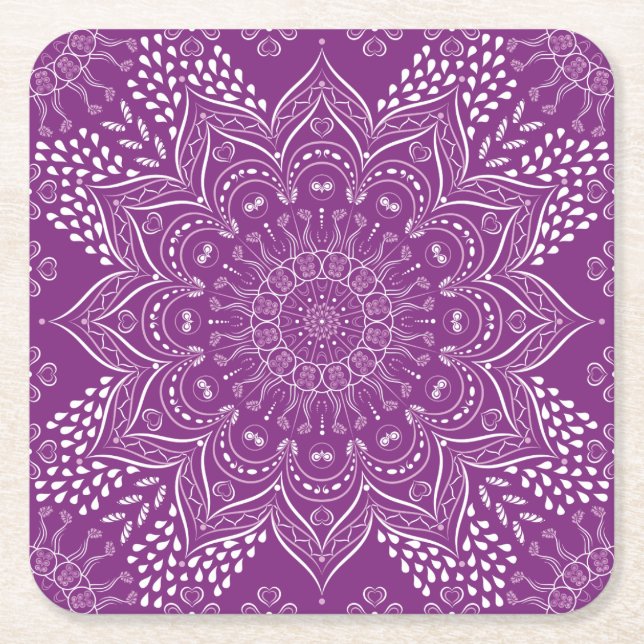 Purple Mandala Square Paper Coaster (Front)