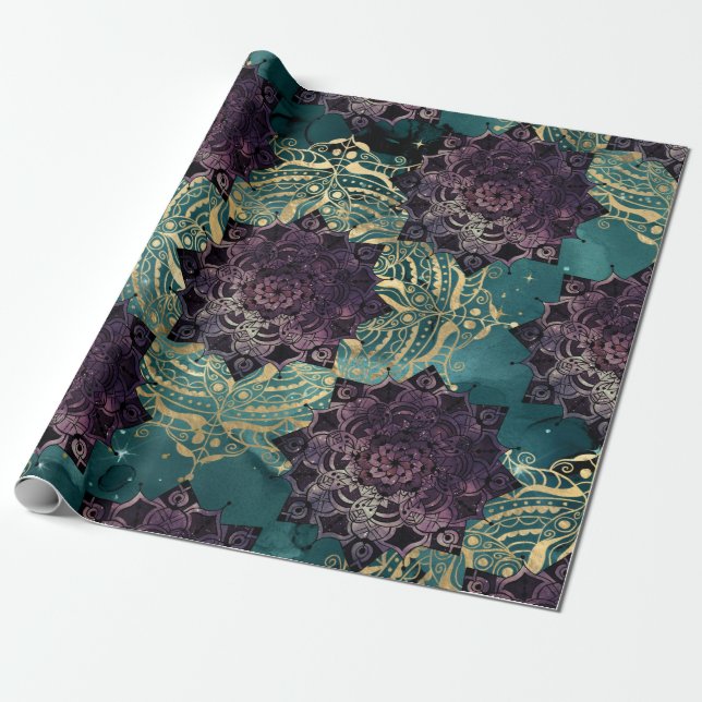 Purple Mandala's and Butterflies on Teal Night Sky Wrapping Paper (Unrolled)
