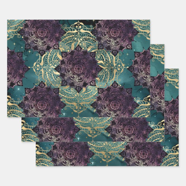 Purple Mandala's and Butterflies on Teal Night Sky Wrapping Paper Sheet (Set)