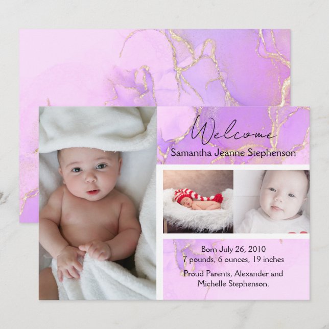 Purple Marble 3 Photo Girl Baby Birth Announcement (Front/Back)