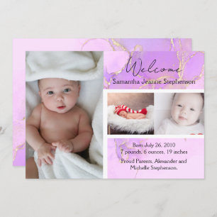 Purple Marble 3 Photo Girl Baby Birth Announcement