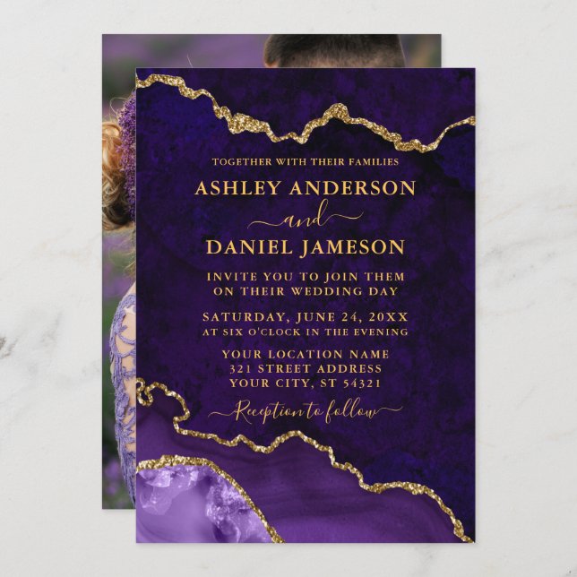 Purple Marble Agate Geode Photo Wedding Gold  Invitation (Front/Back)