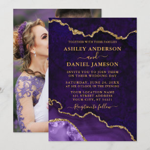 Purple Marble Agate Geode Photo Wedding Gold  Invitation