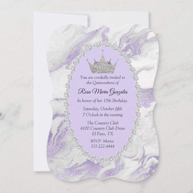 Purple Marble and Diamonds Crown Quinceañera Invitation (Front)