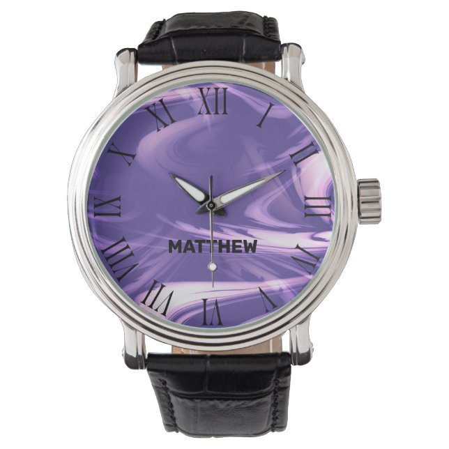 Purple Marble Cool Marbled Pattern Custom Name Watch (Front)