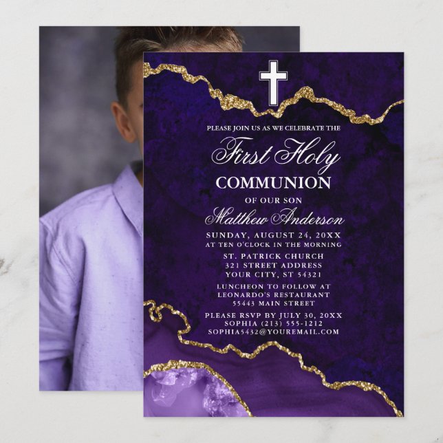 Purple Marble Geode Photo First Holy Communion Invitation (Front/Back)
