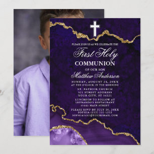 Purple Marble Geode Photo First Holy Communion Invitation