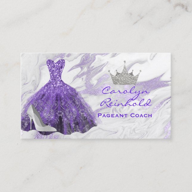 Purple Marble Glitter Dress Pageant Coach  Business Card (Front)
